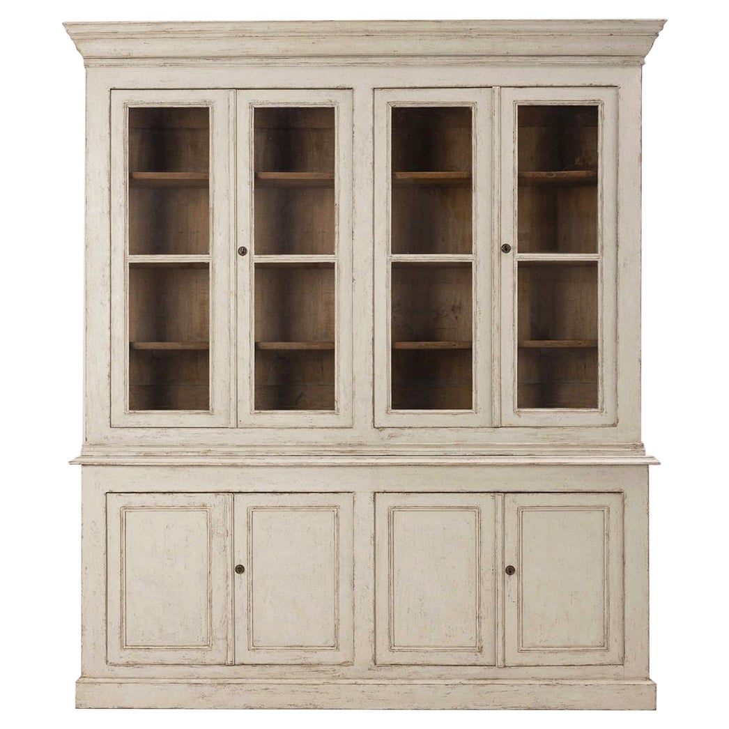 19th C. Swedish Gustavian Four-Door Painted Glass Vitrine Bookcase Cabinet