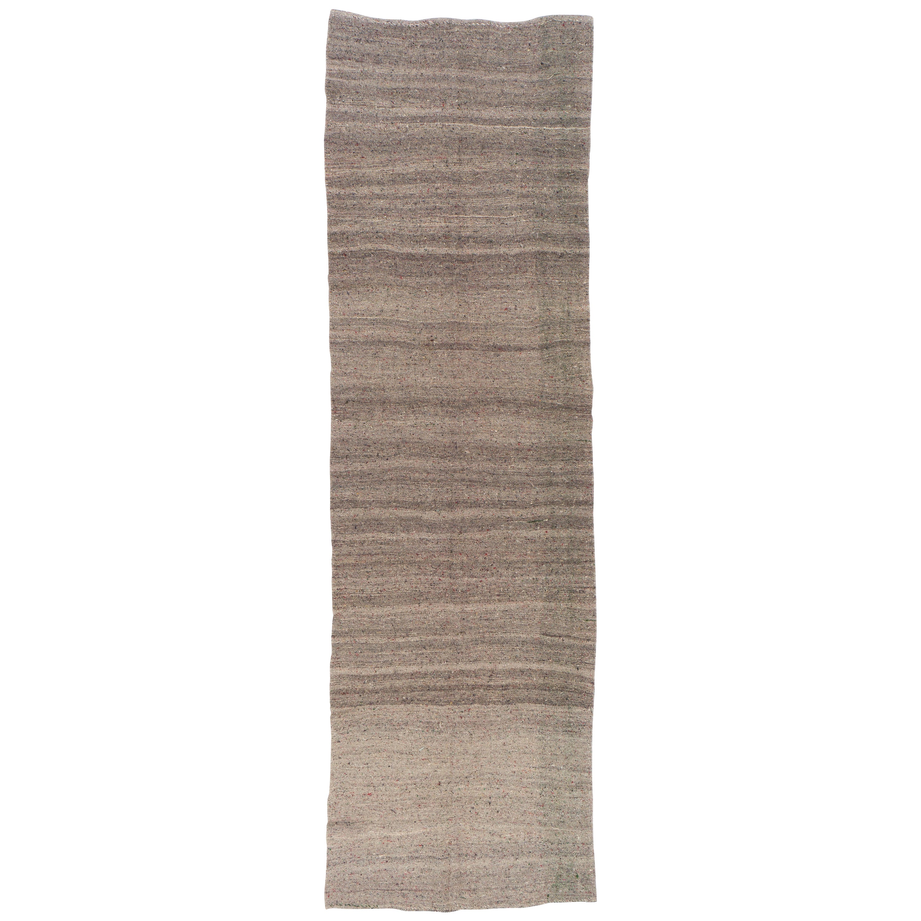 4x13.4 Ft Handgefertigter Läufer Kilim. All Natural Light Brown Wool, Banded 1960s Rug