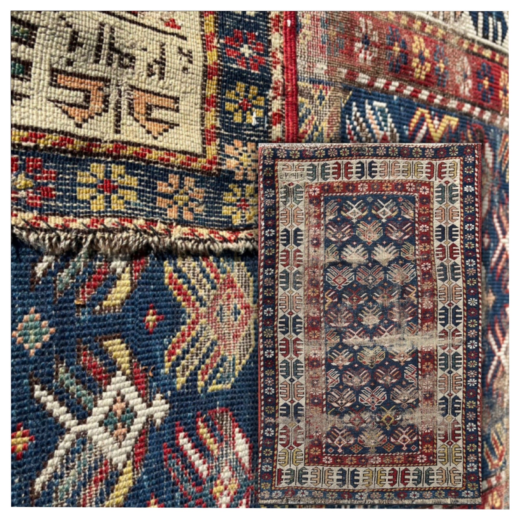 "Hand Woven Antique Rug From The Caucasus. Dated 1306." For Sale
