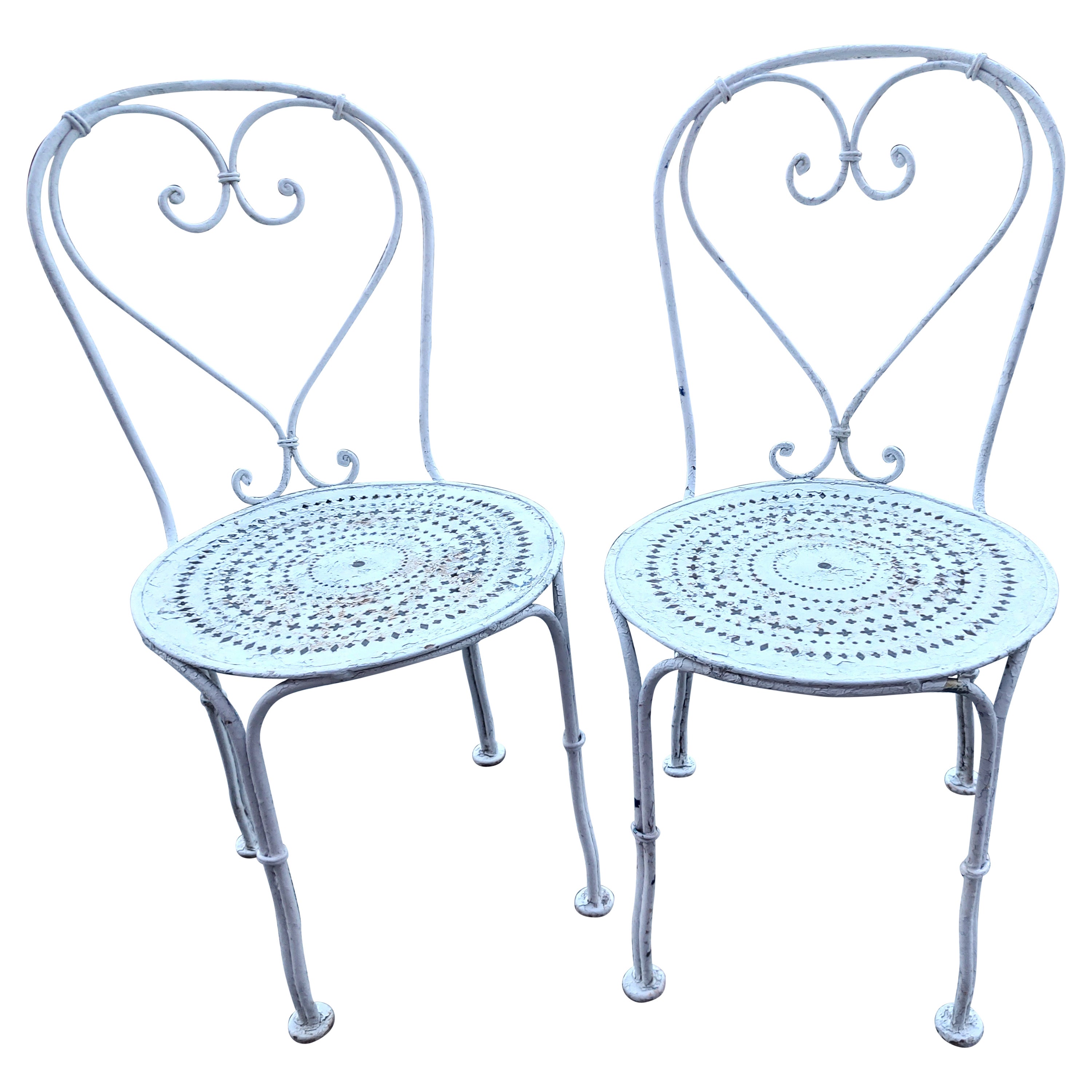 Pair of Mid 20thC French Iron with Heart Backs Garden Bistro Dining Chairs