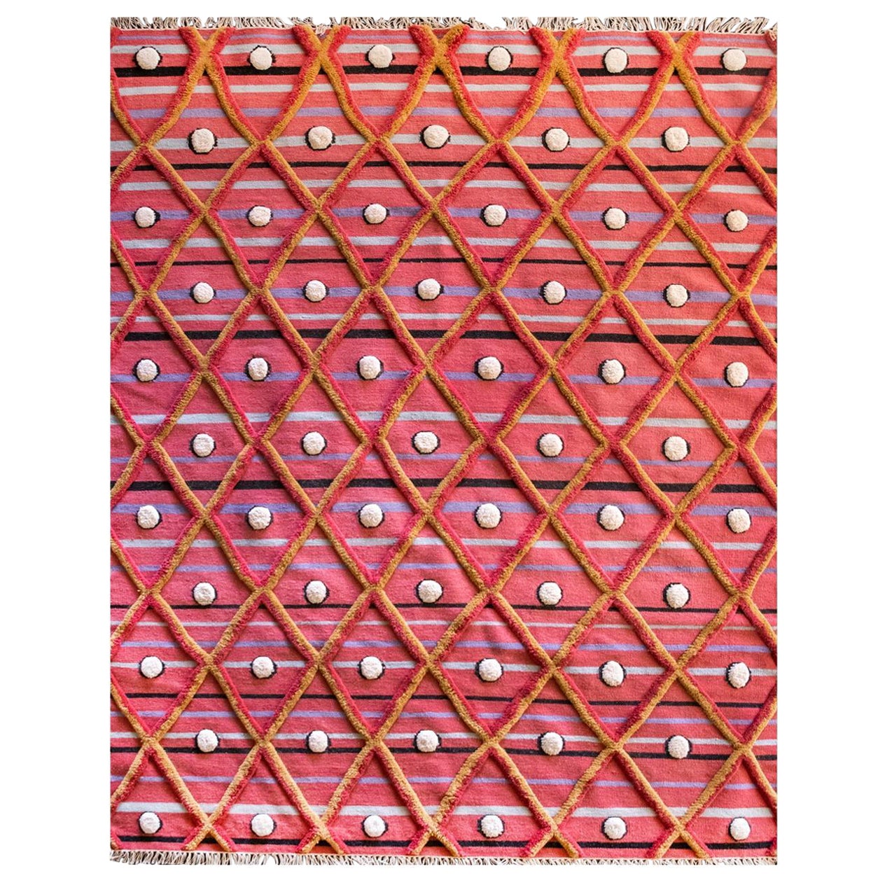 Moderner handgewebter Kelim-Teppich aus Wolle mit hohem Flor im Berberstil mit Diamanten in Rosa