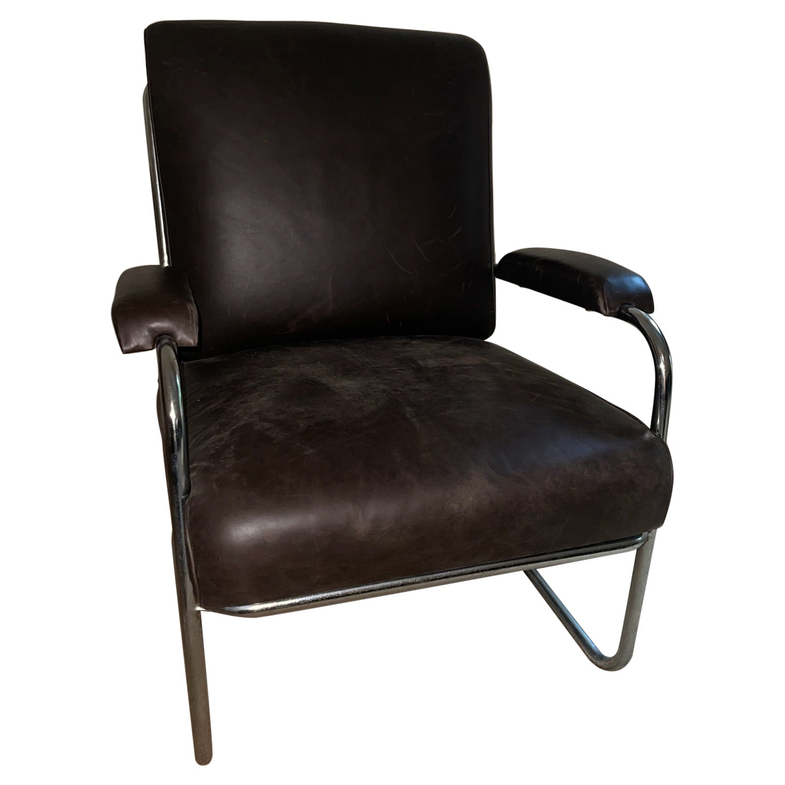 Vintage Early 20th C. English Tubular Chair in Brown Leather For Sale