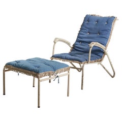 Italian Designer, Lounge Chair, Metal, Wood, Blue Fabric, Italy, 1930s