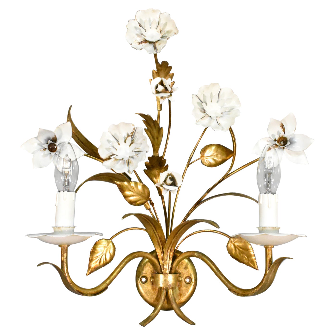 Mid-Century French Decorative Floral Toleware Wall Light For Sale