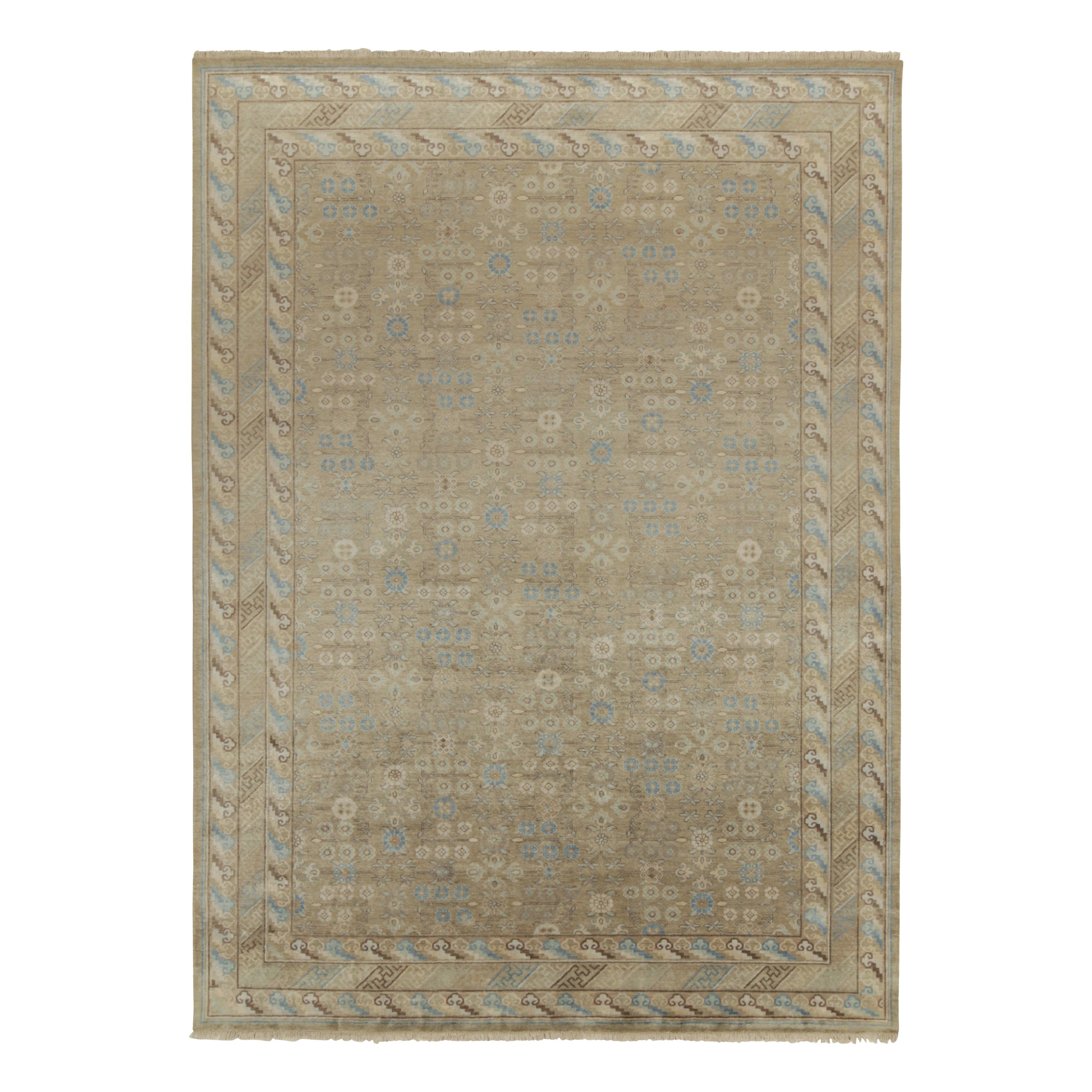 Rug & Kilim’s Khotan Style Rug in Gold, Beige-Brown and Blue Patterns For Sale