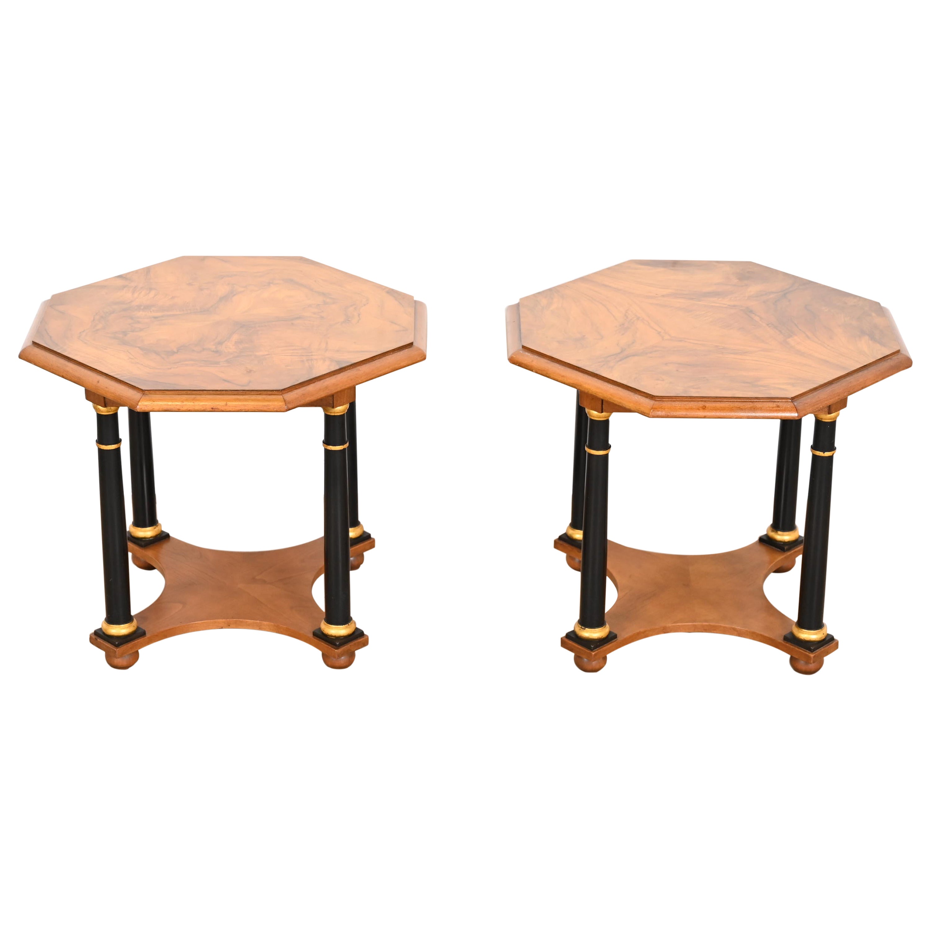 Baker Furniture Neoclassical Burl Wood Parcel Ebonized and Gilt Side Tables For Sale