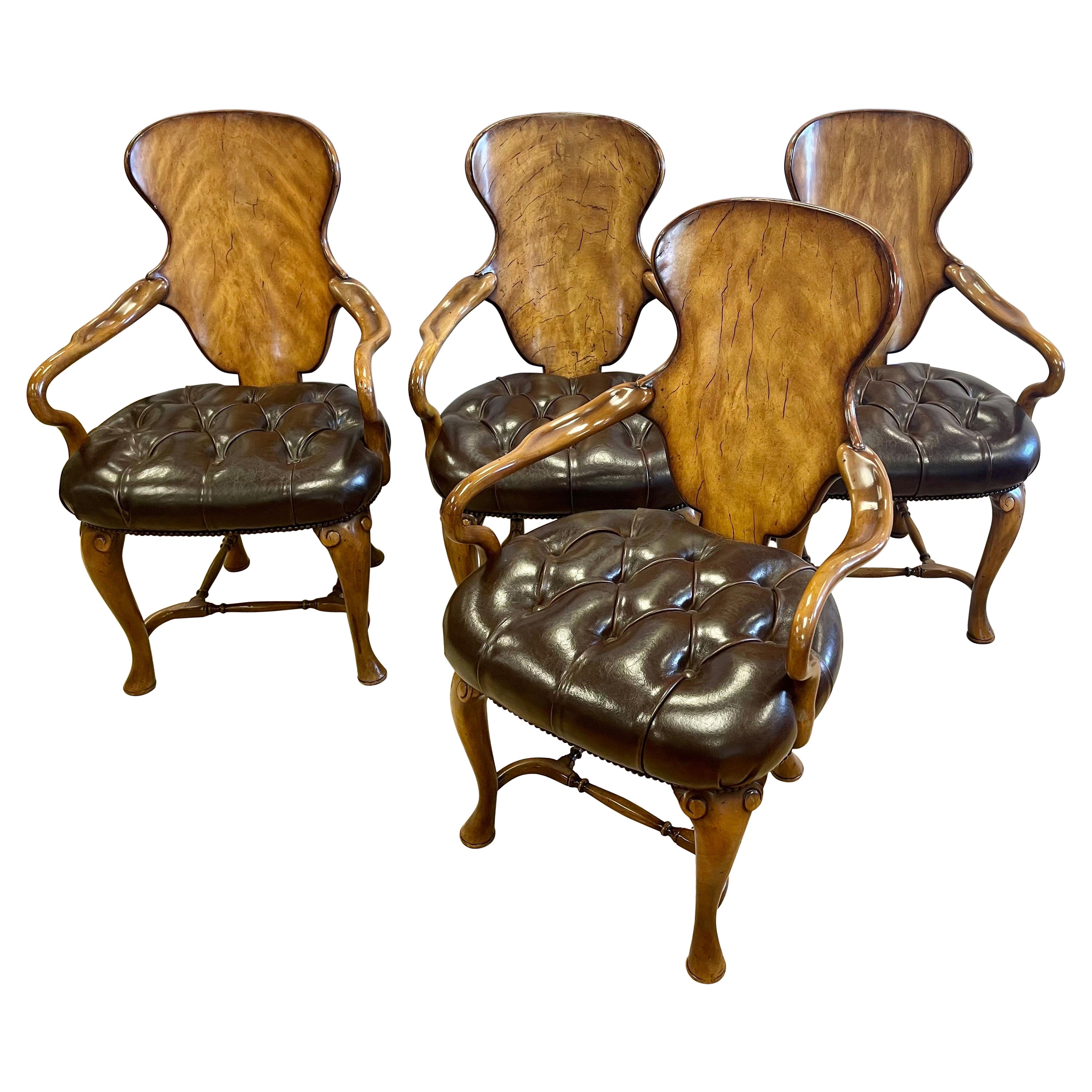 Theodore Alexander Signed Burl and Tufted Leather Arm Chairs Armchairs
