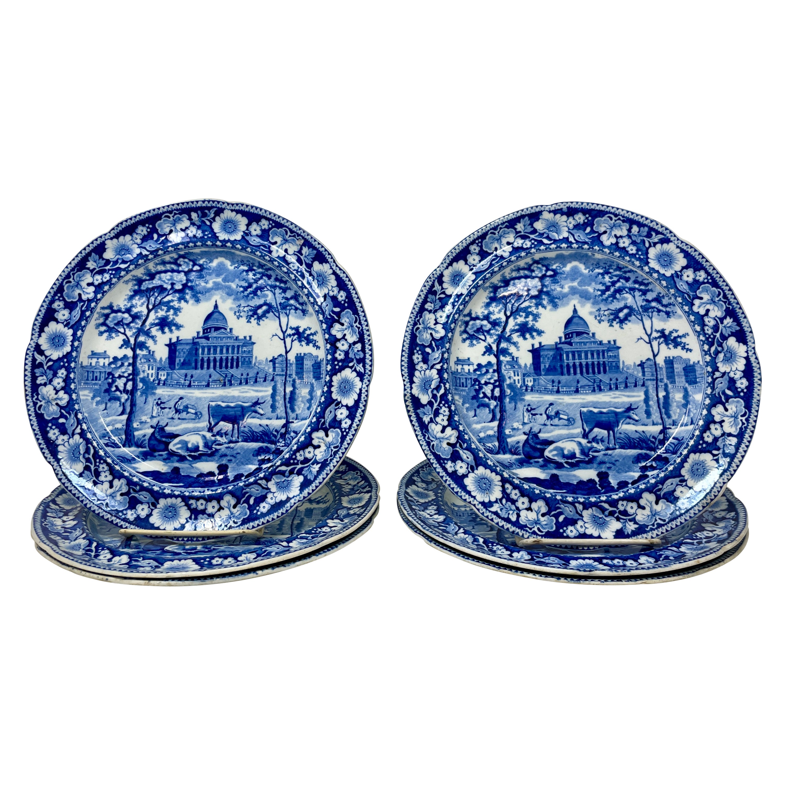 Ensemble de six assiettes anglaises anciennes du 19ème siècle en porcelaine bleue et blanche