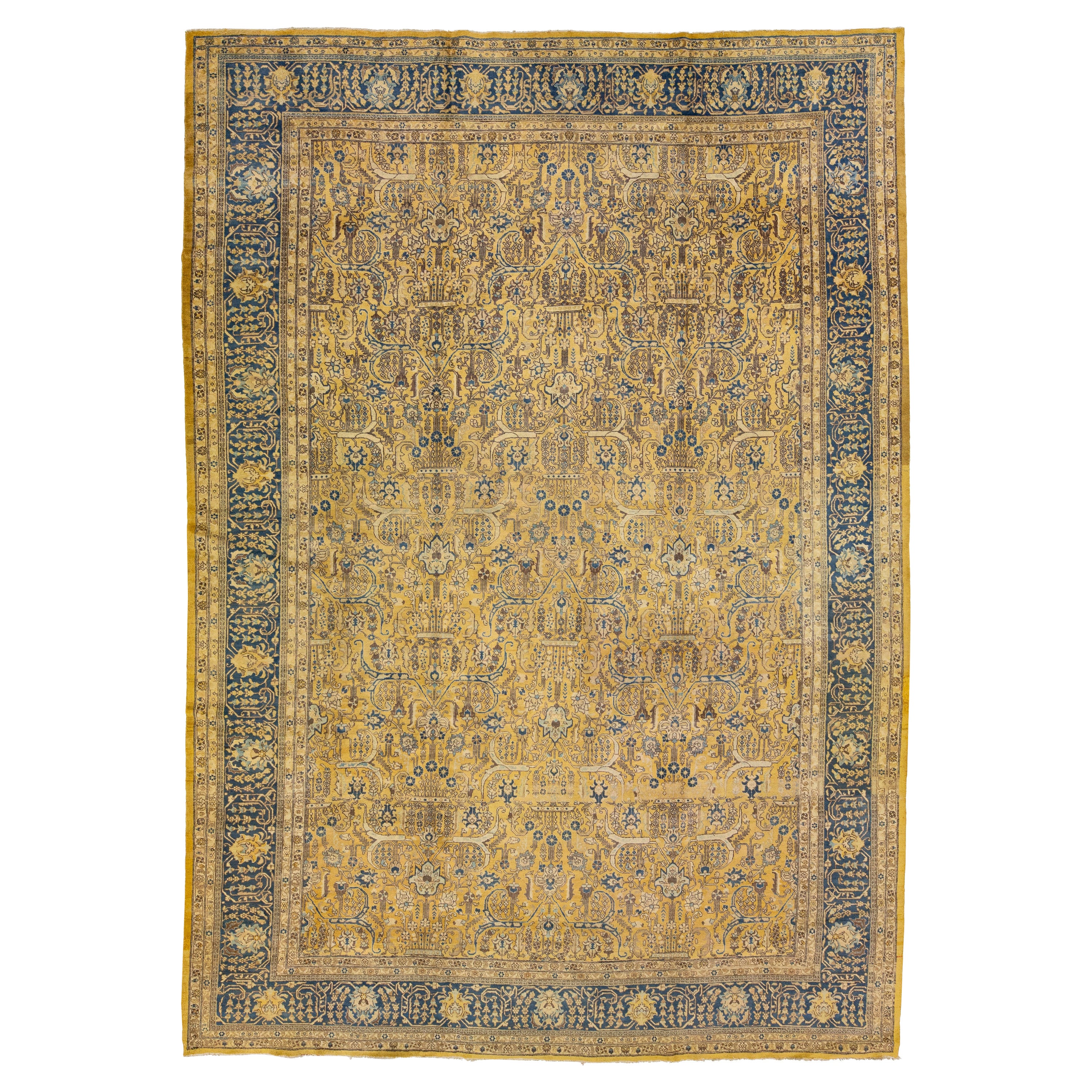 Antique Tabriz Yellow Handmade Allover Floral Persian Wool Rug For Sale