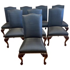 Chippendale Style Carved Mahogany Upholstered Dining Chairs, S/8