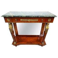 French Louis XV Sphinx Ormolu Marble Mirrored Dry Bar Console Table
