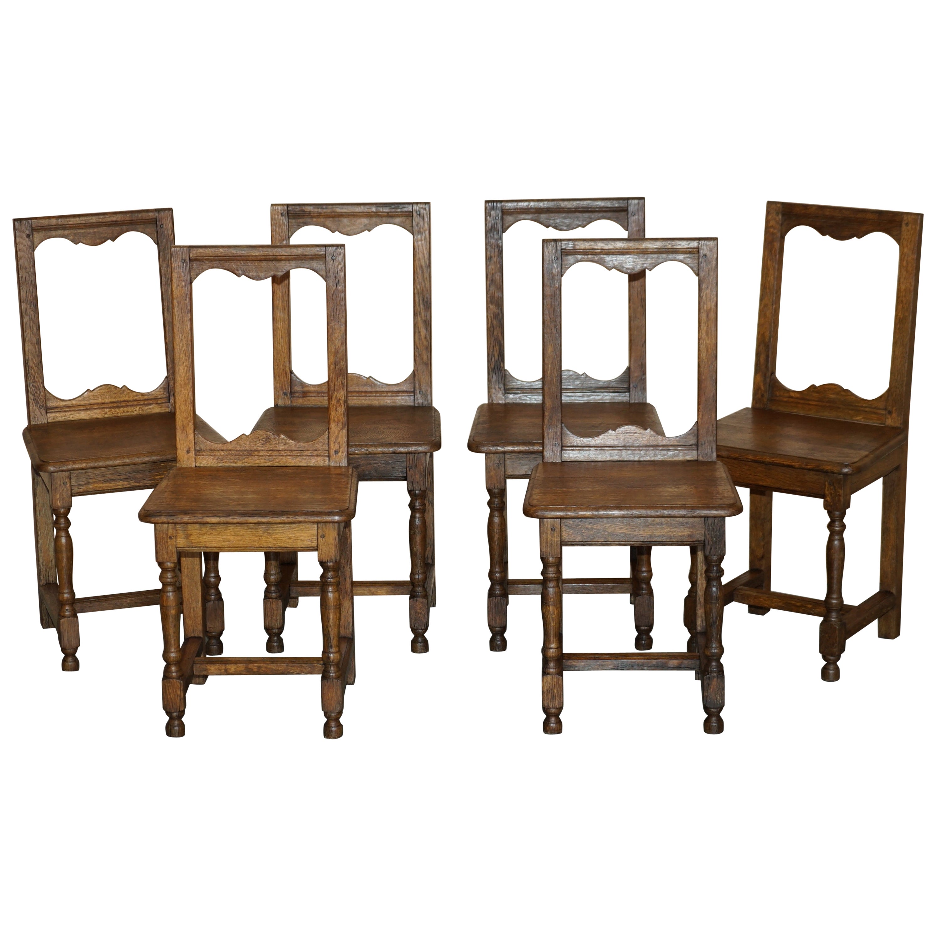 Suite of Six Antique Victorian English Oak Chapel Dining Chairs Stunning Timber For Sale