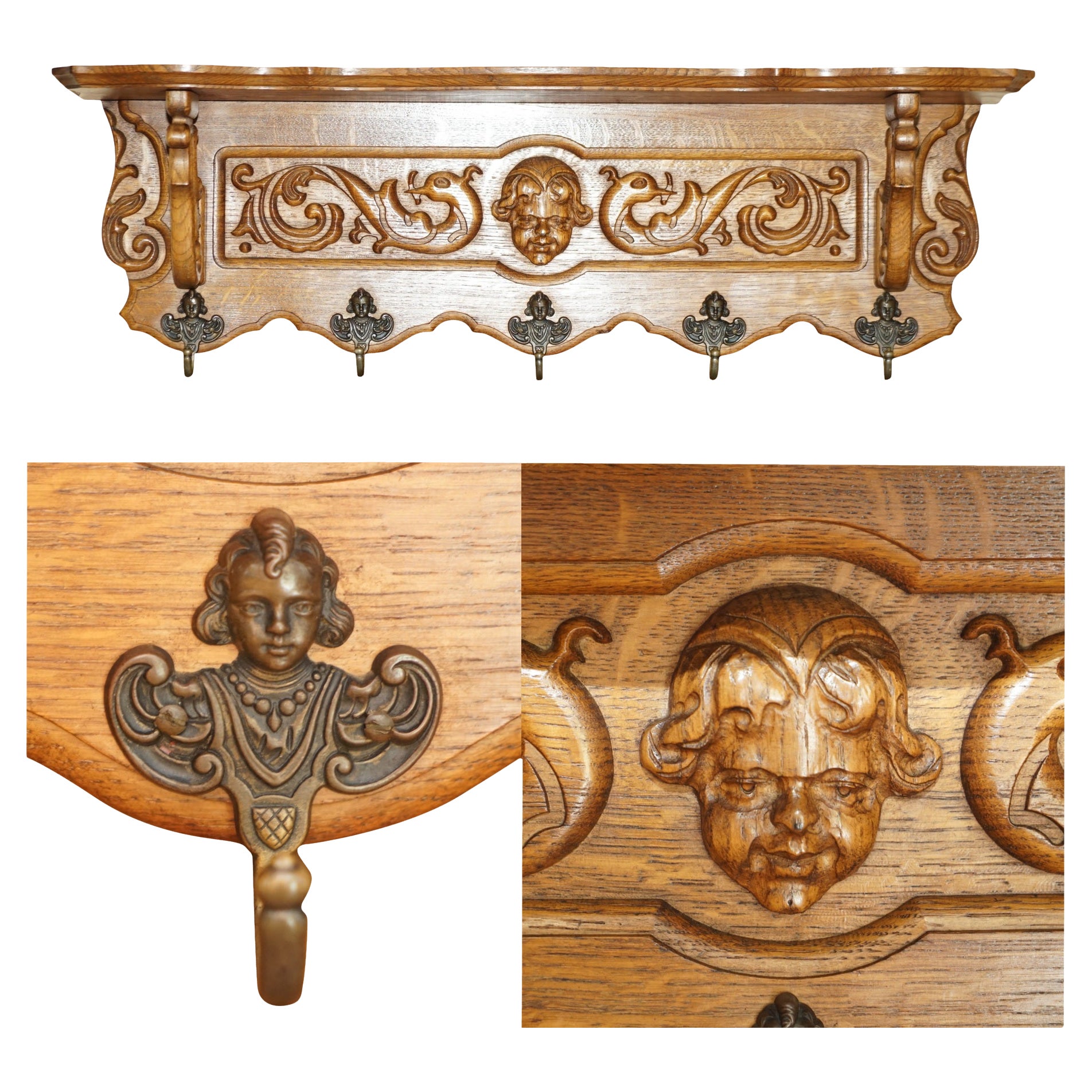 Perchero de pared para abrigos, sombreros y bufandas de roble holandés con querubines tallados y ganchos de bronce en venta