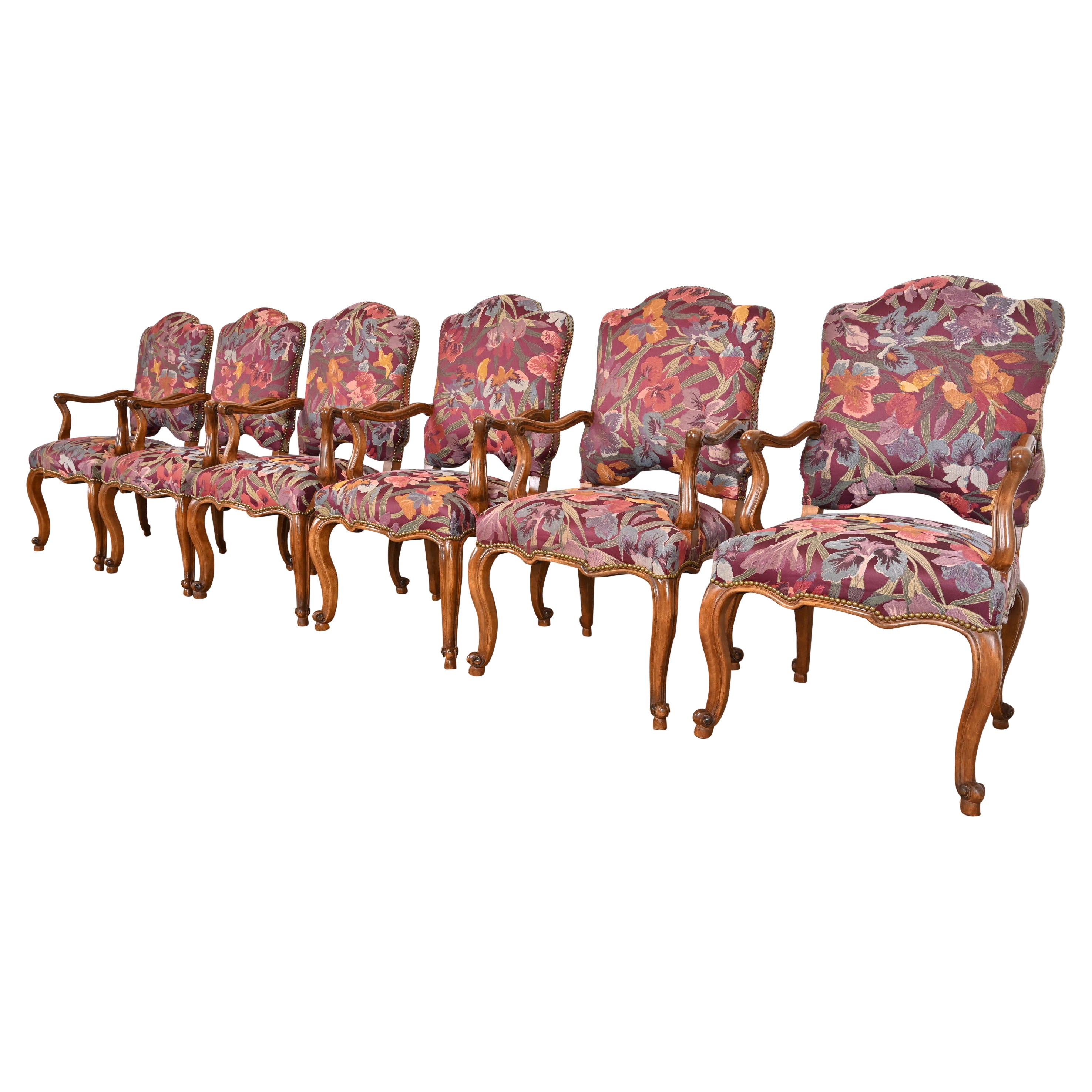 Minton Spidell French Louis XV Style Walnut Dining Arm Chairs, Set of Six For Sale
