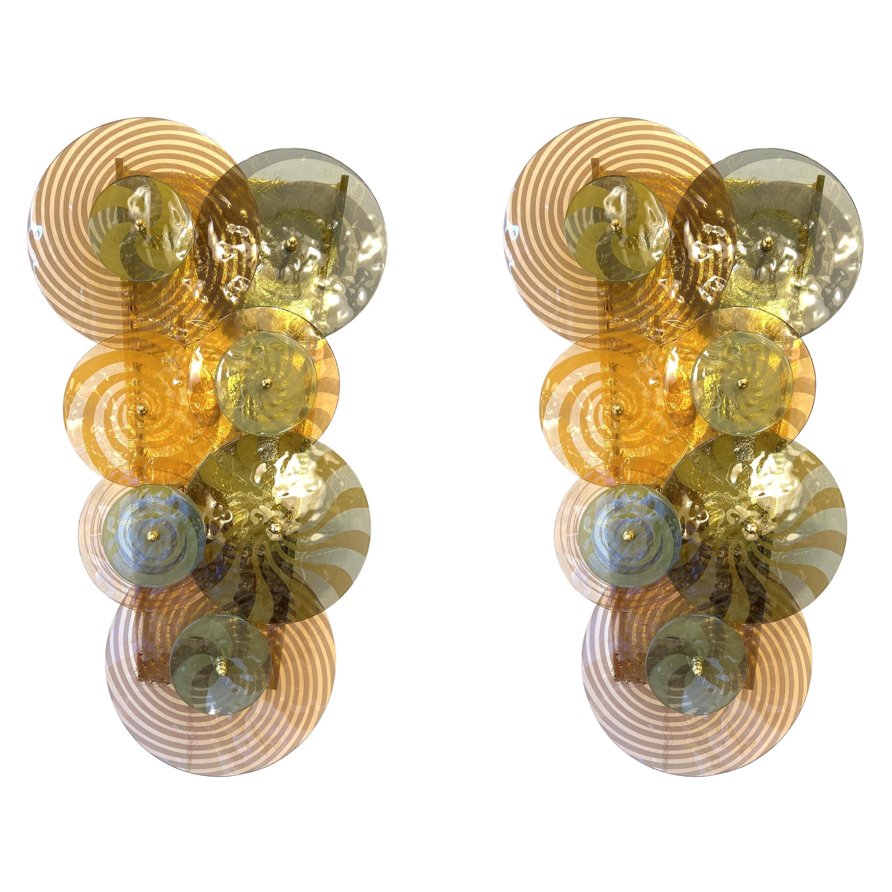 Large Pair of Multi-colored Murano Glass Discs and Brass Sconces, Italy For Sale