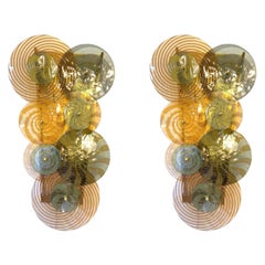 Large Pair of Multi-colored Murano Glass Discs and Brass Sconces, Italy