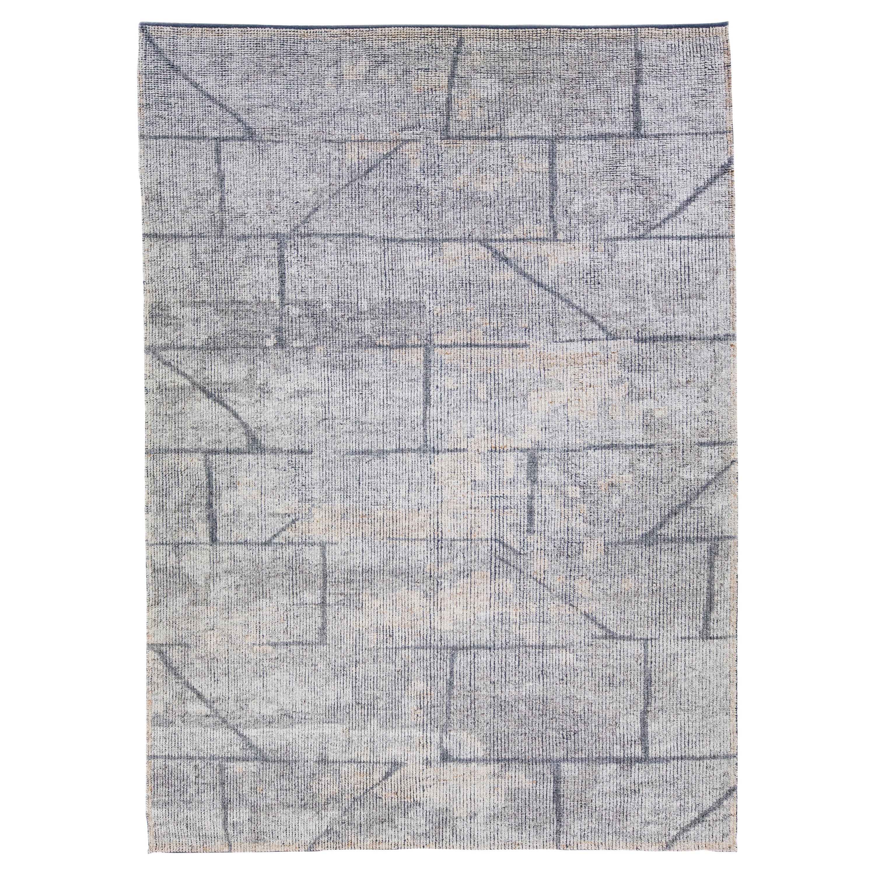 Alfombra de lana gris de estilo marroquí moderno hecha a mano con diseño geométrico
