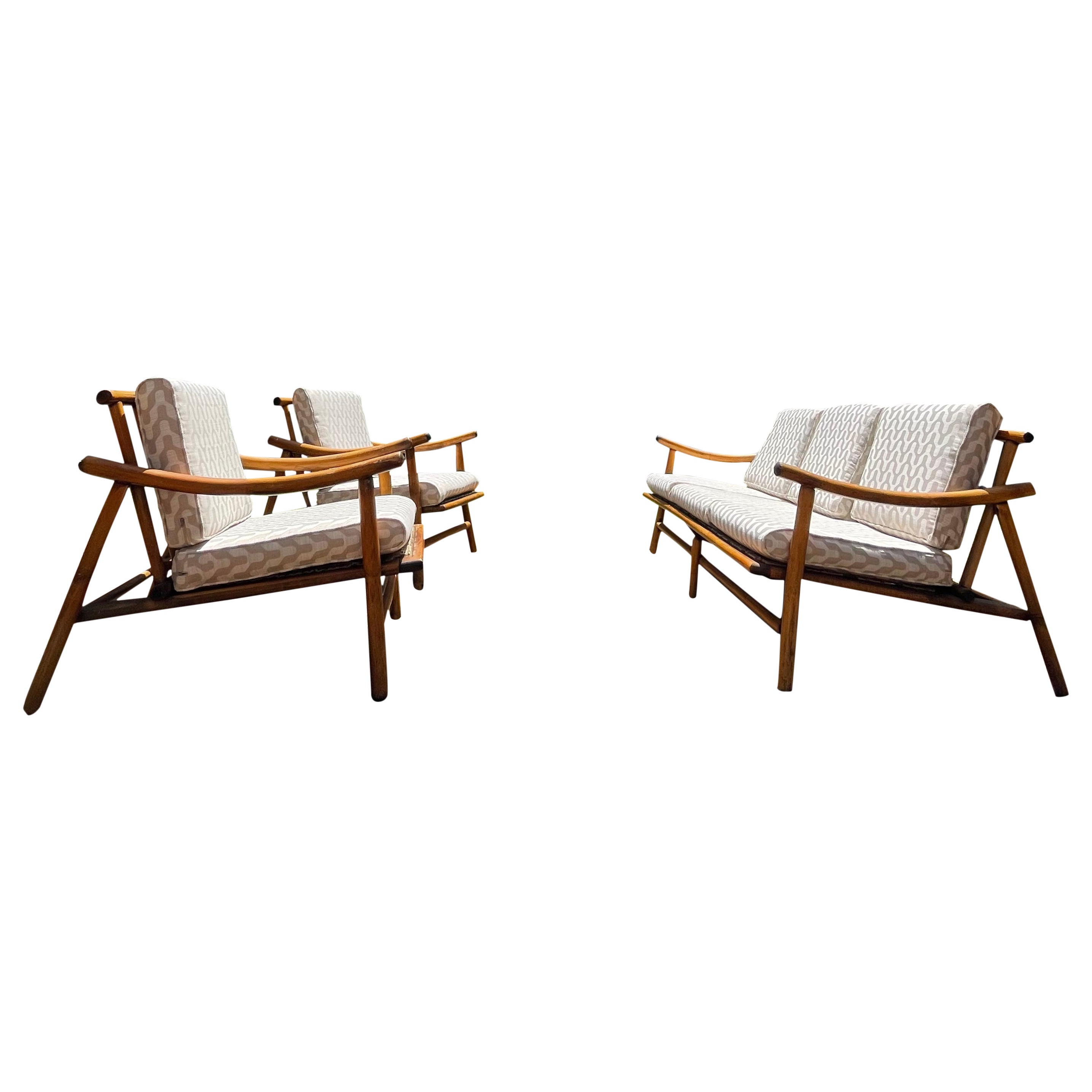 Vintage Boho Rattan Modular Sofa & 2 Arm Chairs, 3 Pieces For Sale