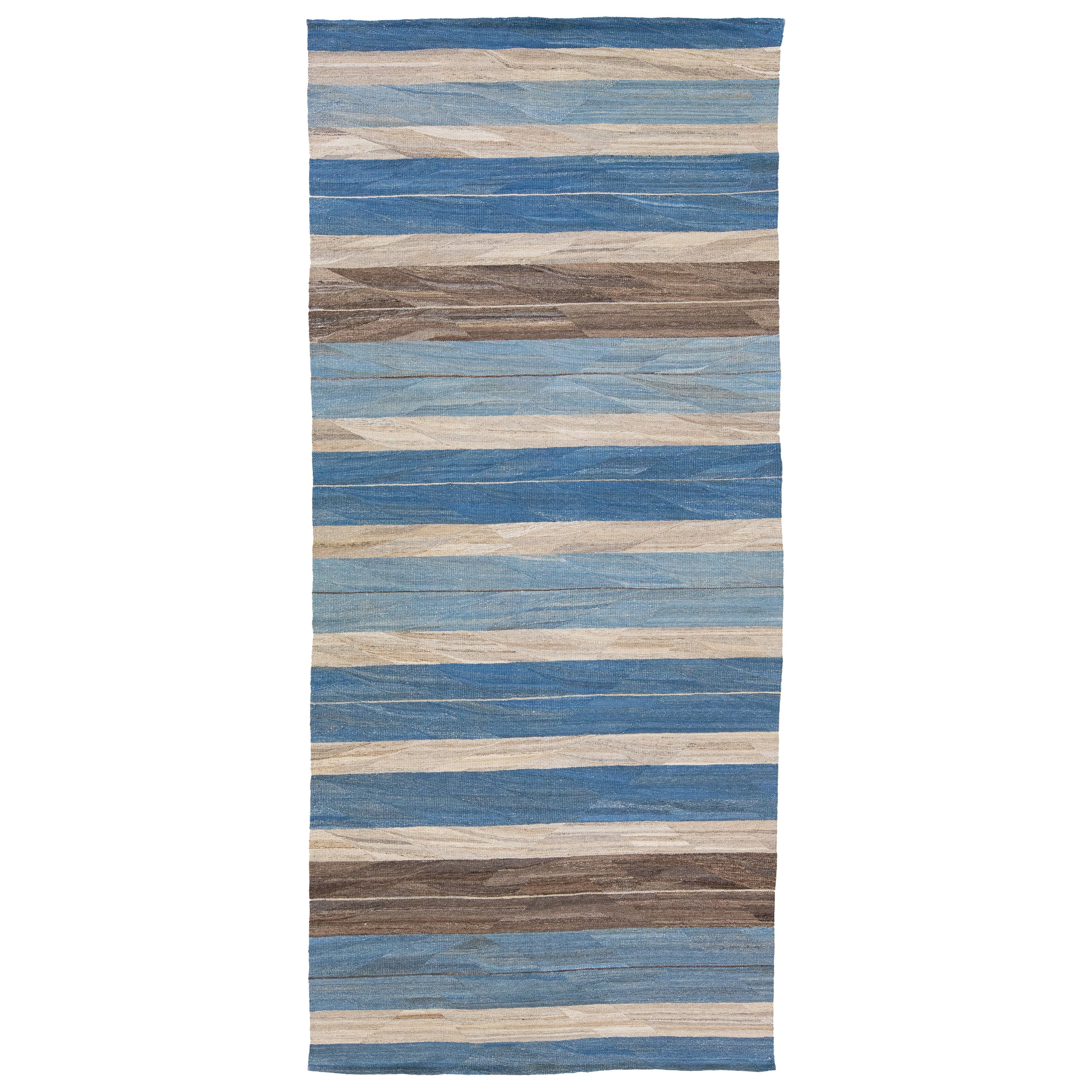 Modern Striped Flat-Weave Handmade Blue and Brown Wool Runner For Sale