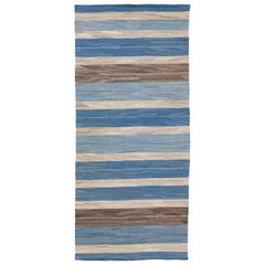 Modern Striped Flat-Weave Handmade Blue and Brown Wool Runner