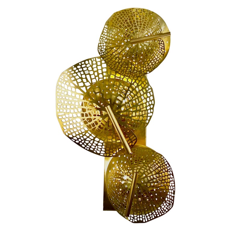 Contemporary Bespoke Organic Italian Art Design Perforated Brass Leaf Sconce For Sale