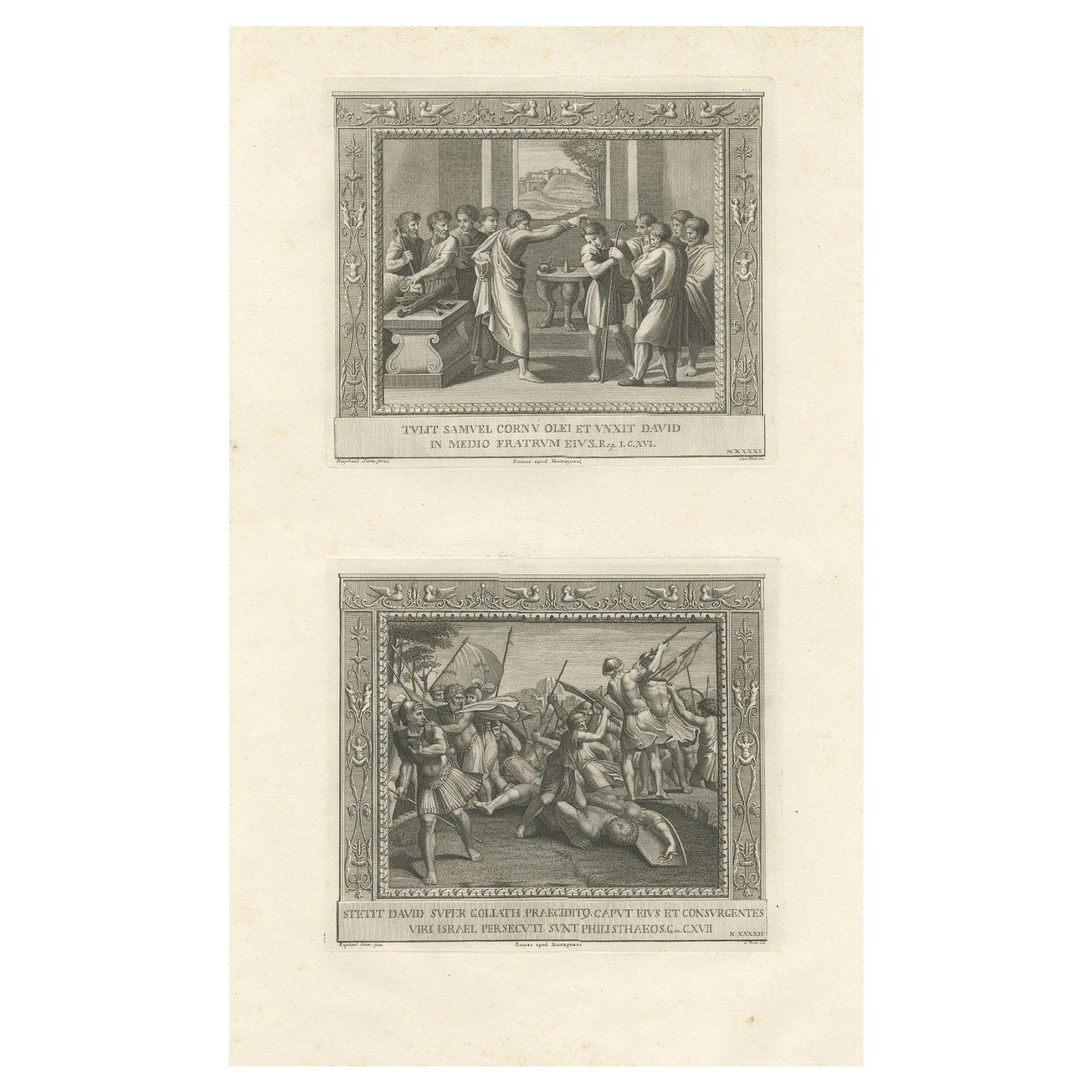 Old Religion Engraving of the Consecration of David and of David and Goliath For Sale