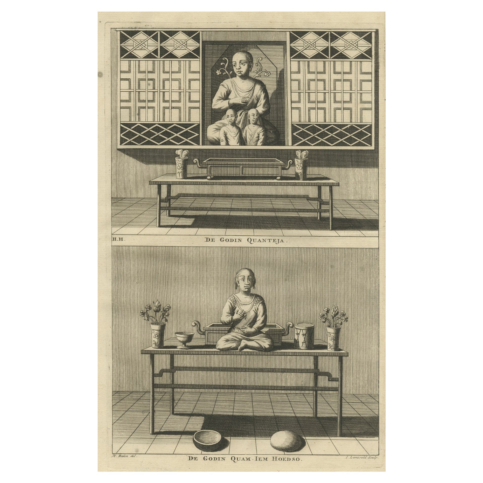 Old Print of Female Deities of Chinese Buddhism, Quanteja and Quam Iem Hoedso For Sale