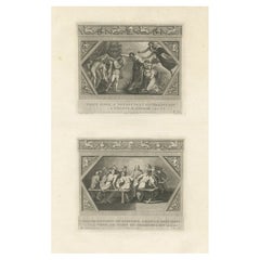 Impression religieuse ancienne représentant Dieu apparaissant à Isaac et Isaac et Rebecca, vers 1850