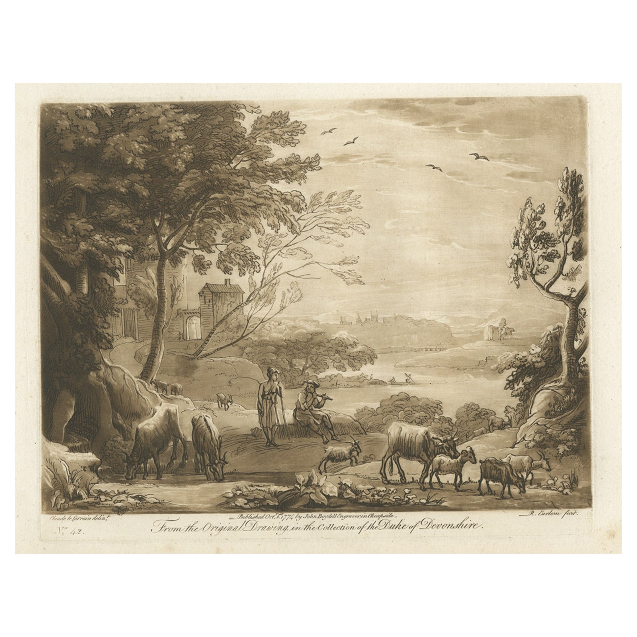 Rare impression ancienne d'un paysage avec du bétail, 1774