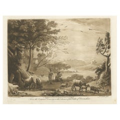 Rare Antique Print of a Landscape with Cattle, 1774