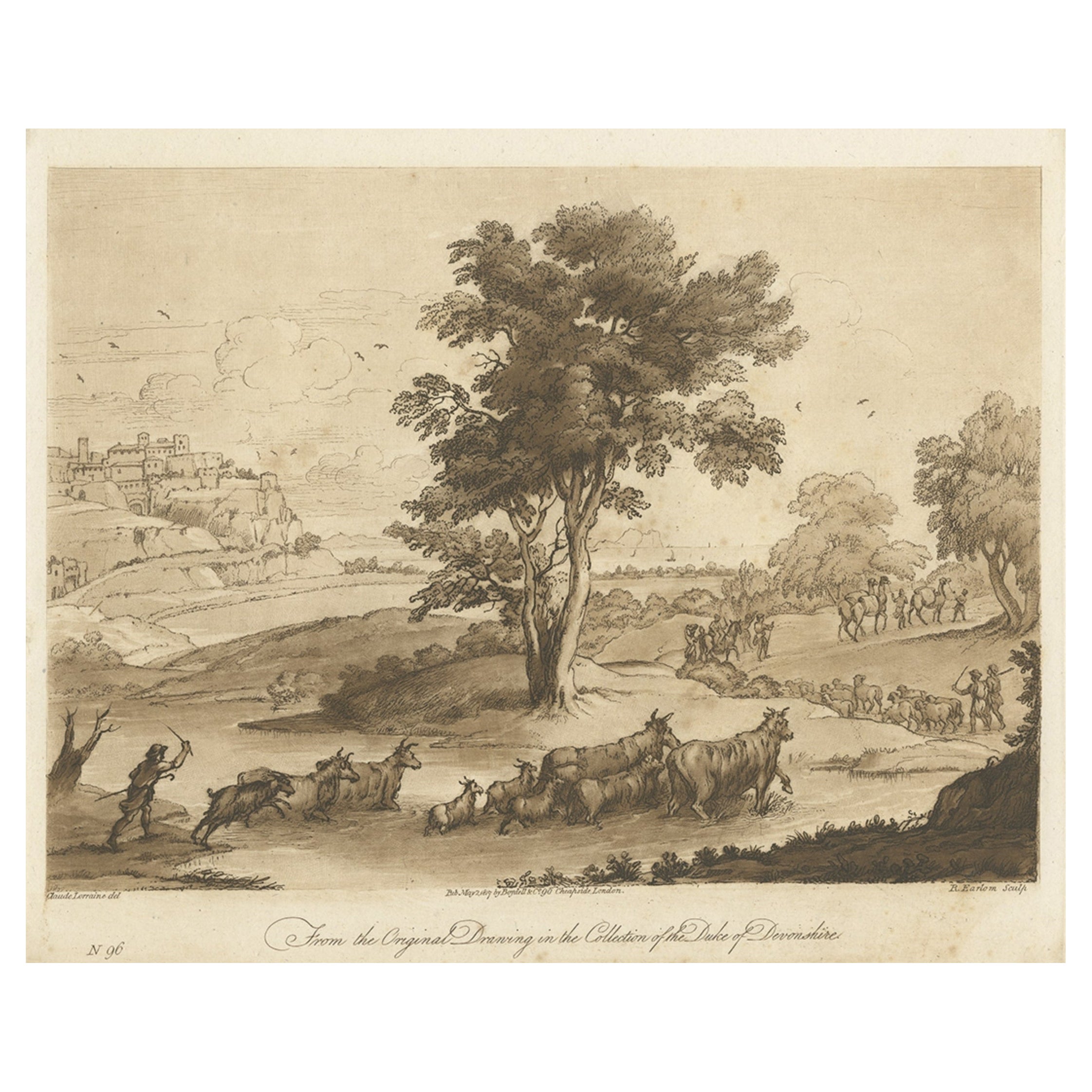 Rare impression ancienne d'un paysage avec du bétail, 1819 en vente