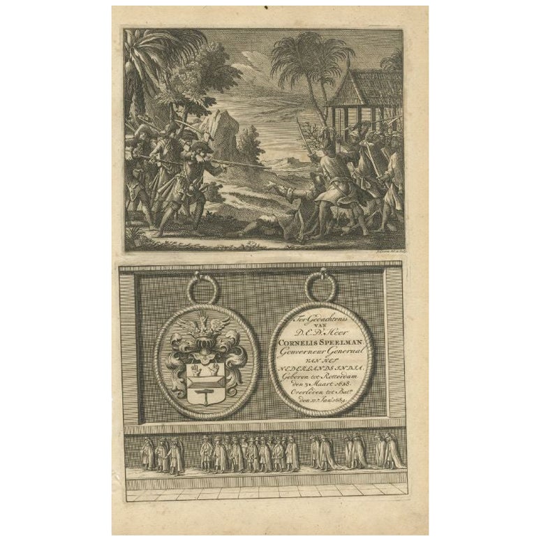 Antique Print of Dutch Colonists Fighting Indonesian Natives, circa 1726 For Sale