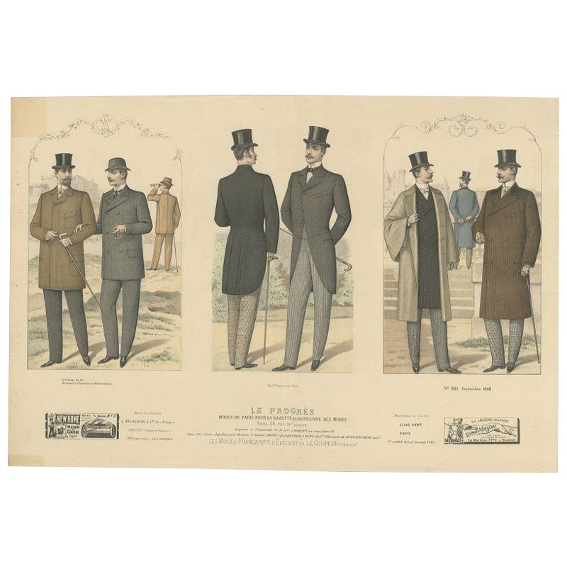 Original Hand-Colored Antique Fashion Print, Published in September, 1898 For Sale