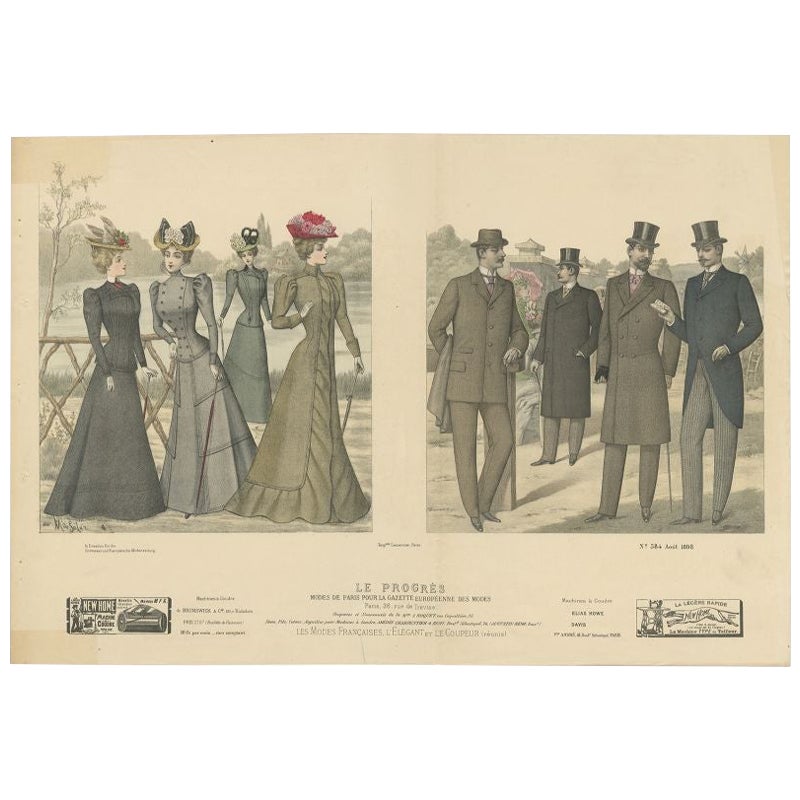 Original Hand-Colored Antique Fashion Print, Published in August, 1898