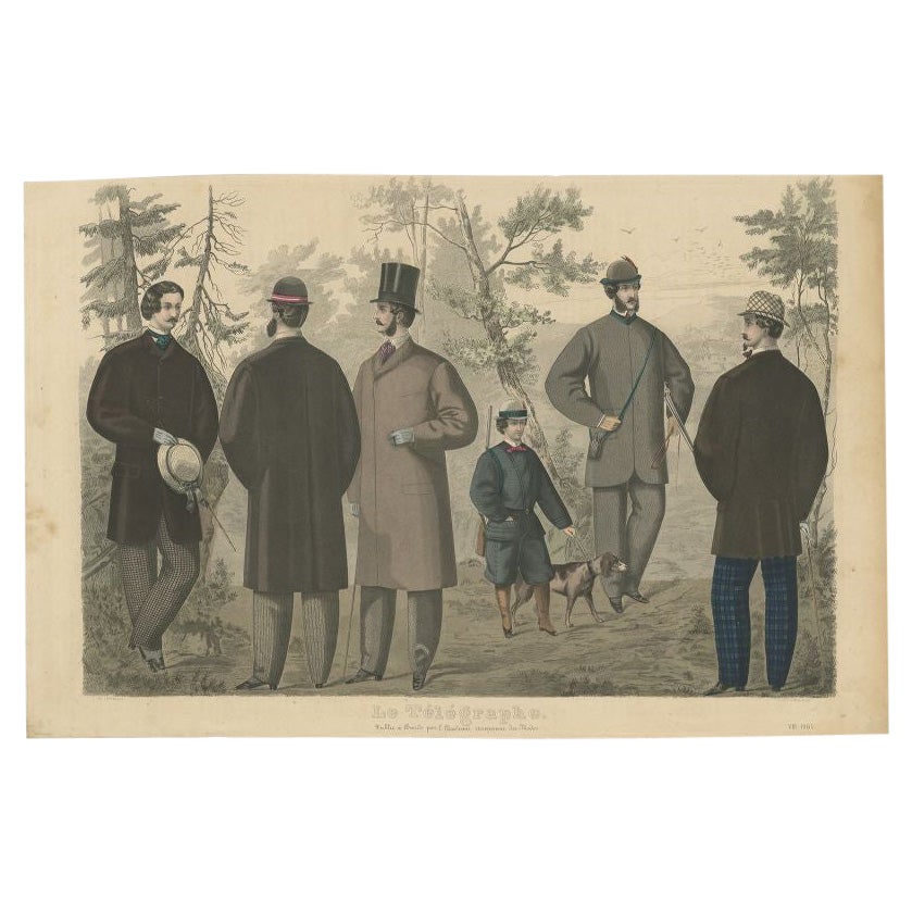 Antique Fashion Print of Male Costumes, 1864 For Sale