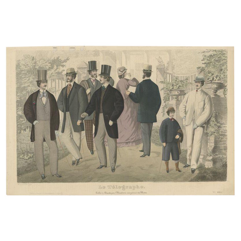 Antique Fashion Print of Males in Costume, 1864 For Sale