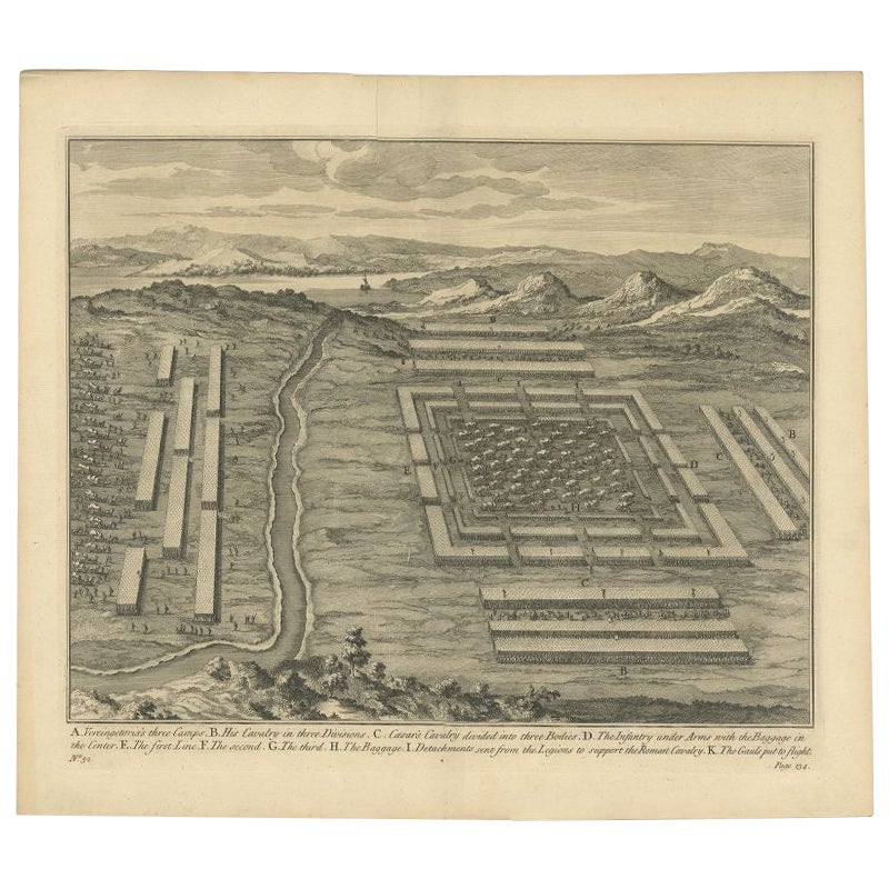 Antique Roman Battle Print of Vercingetorix's Three Camps by Duncan, c.1753 For Sale