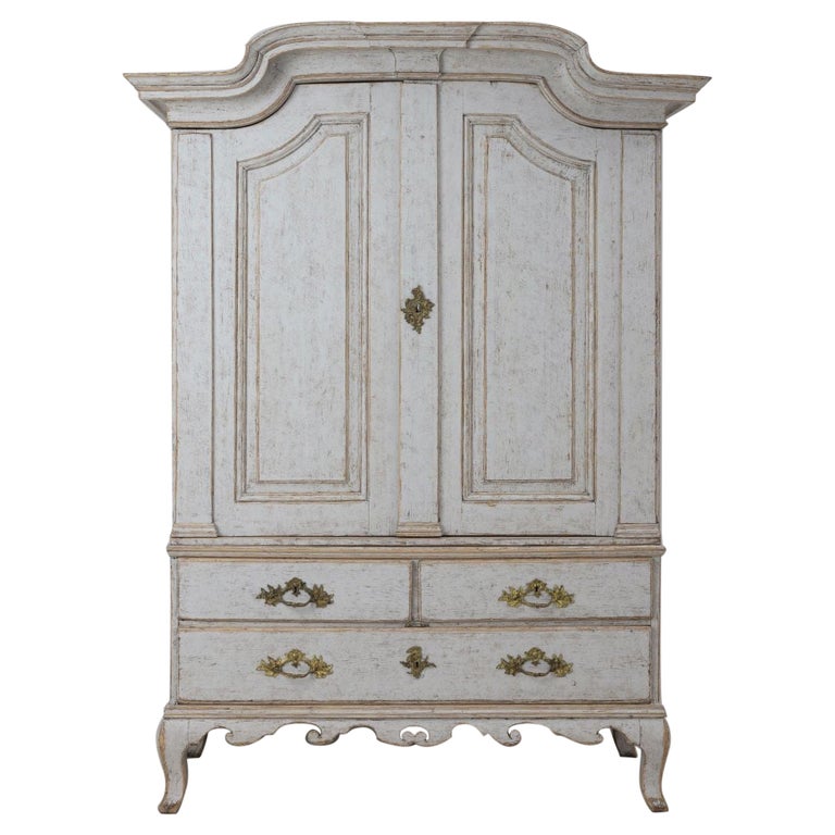 Swedish Two-Part Painted Linen Press Cabinet, 18th c. Rococo Period For Sale