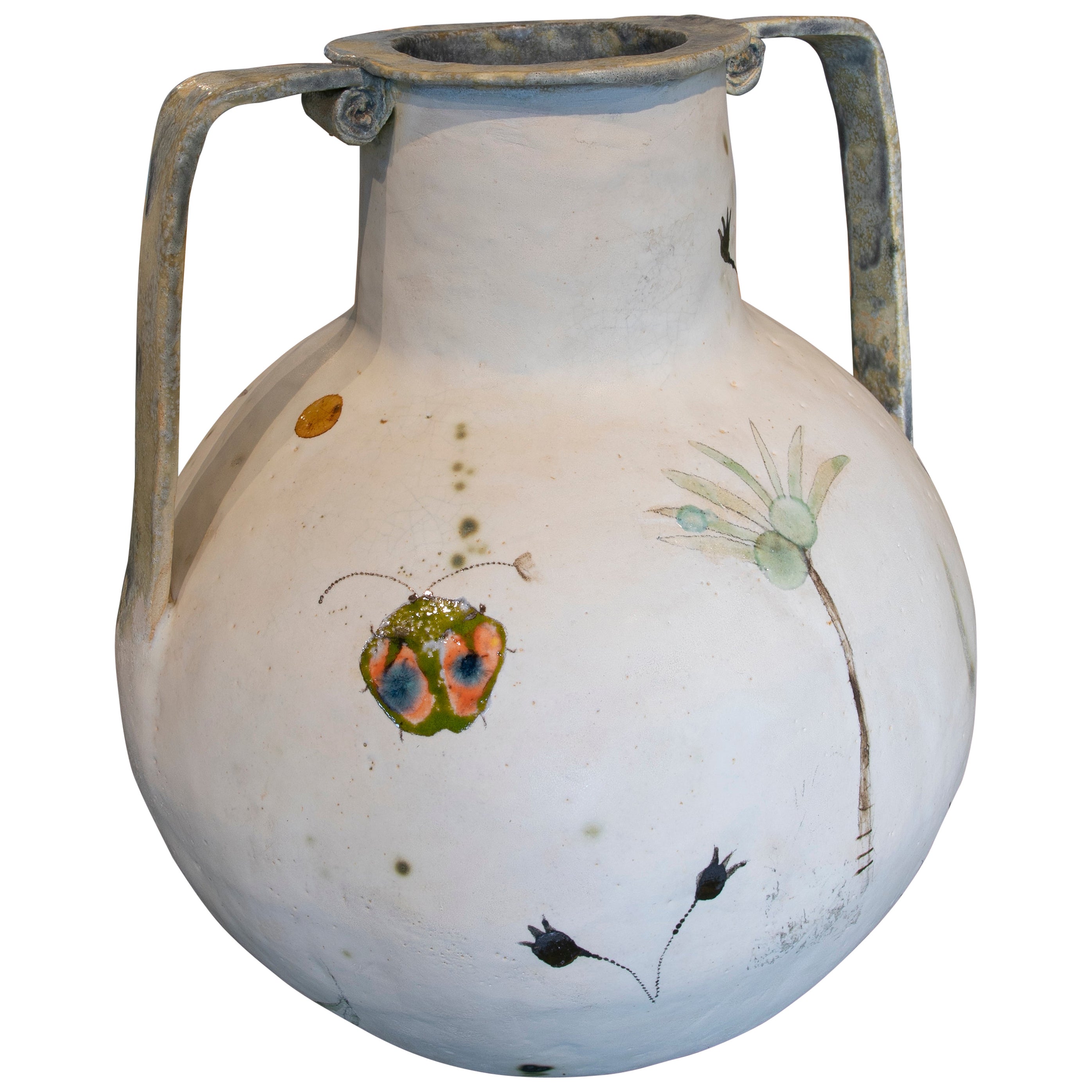 Modern Designer Spanish White Ceramic Vase w/ Hand Painted Insects and