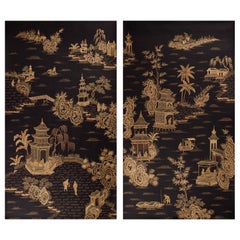 Pair Chinoiserie Hand Painted Wallpaper Panels of Golden Pavilions on Black