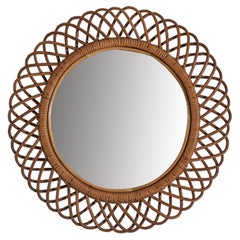 Italian Designer, Circular Wall Mirror, Rattan, Mirror Glass, Italy, c. 1950s