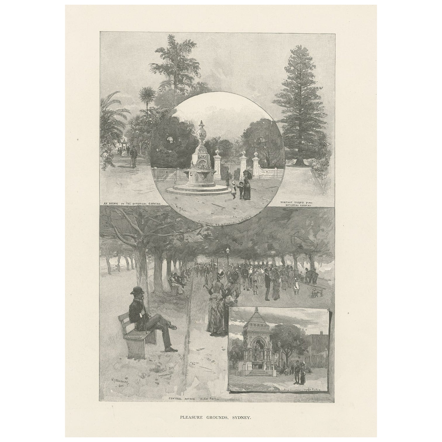 Impression ancienne avec vues de Sydney en Australie, c.1886