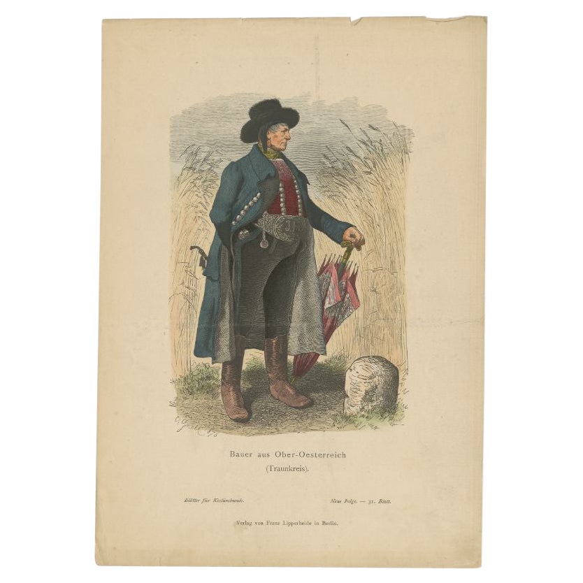 Antique Costume Print of a Farmer from the Region of Traunkreis by Lipperheide For Sale