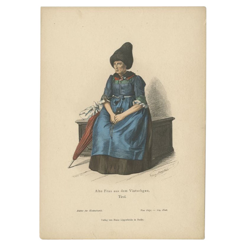 Antique Costume Print of a Woman from Vinschgau 'Tyrol' by Lipperheide, c.1880 For Sale