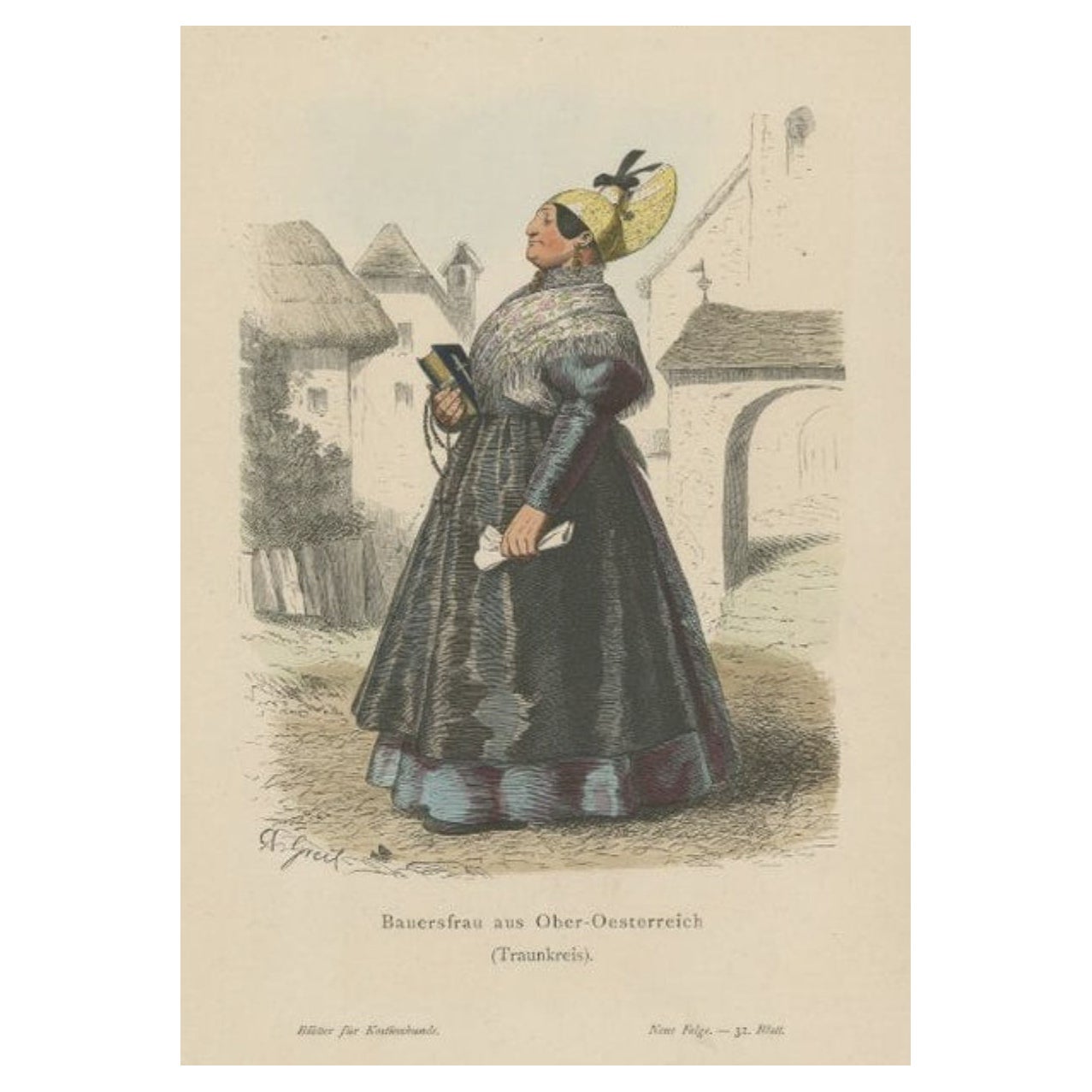 Ancienne estampe de costume d'une femme fermier de la région de Traunkreis, vers 1880
