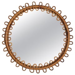 Vintage Italian Designer, Circular Wall Mirror, Rattan, Mirror Glass, Italy, c. 1950s