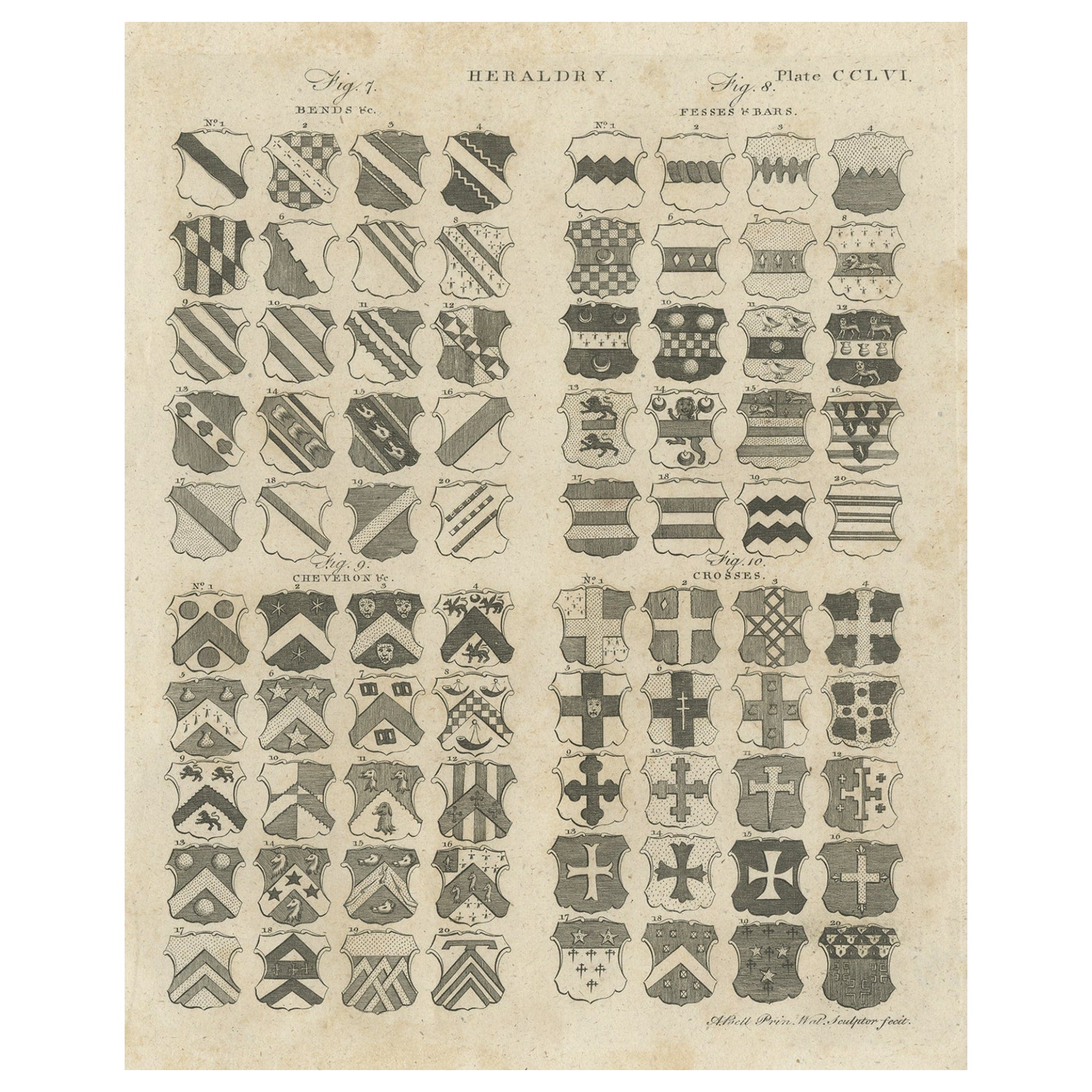 Gravure ancienne d'origine d'armoiries avec armoiries de la Heraldry Brittanica, vers1810 en vente