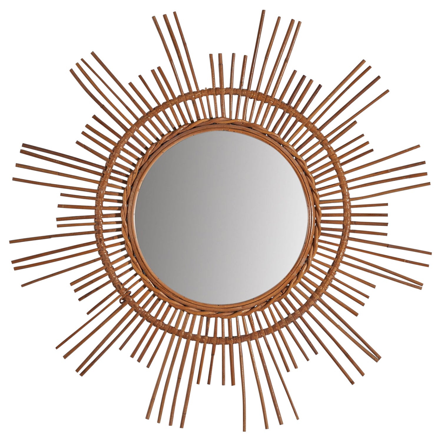 Italian Designer, Circular Wall Mirror, Rattan, Mirror Glass, Italy, c. 1950s For Sale