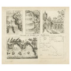 Stampa antica di una grotta e di una cascata, Cascade Et Grottes Par Halfpenny, 1785 ca.
