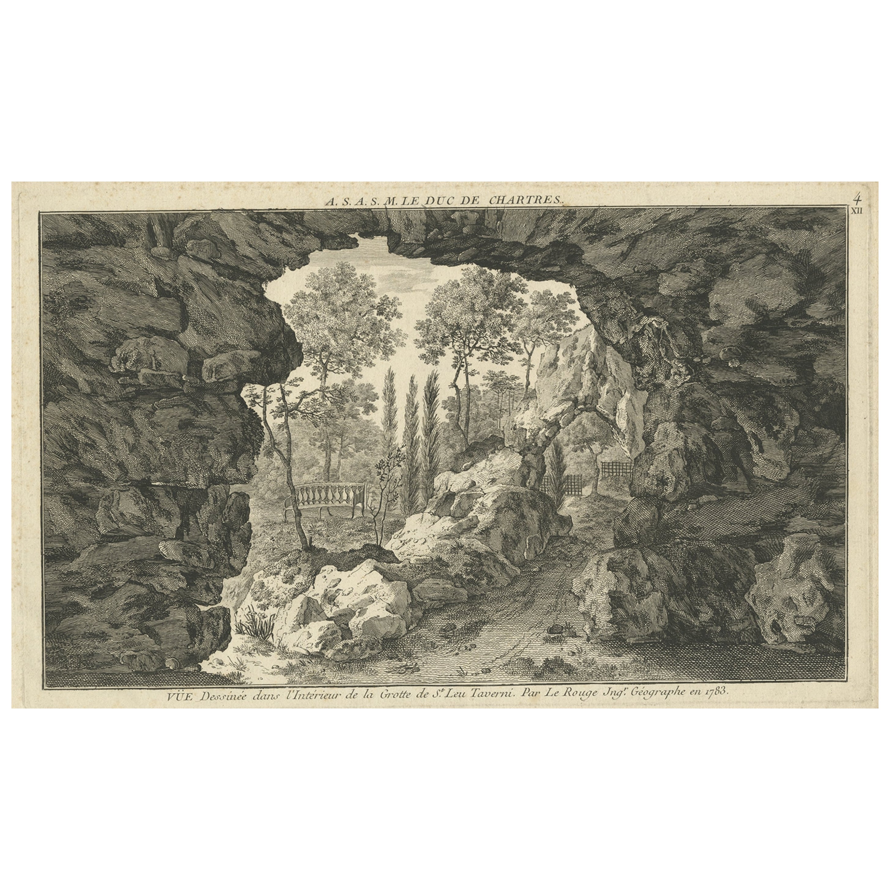Antiker antiker Druck einer Höhle in Saint-leu-taverny in Frankreich um 1785